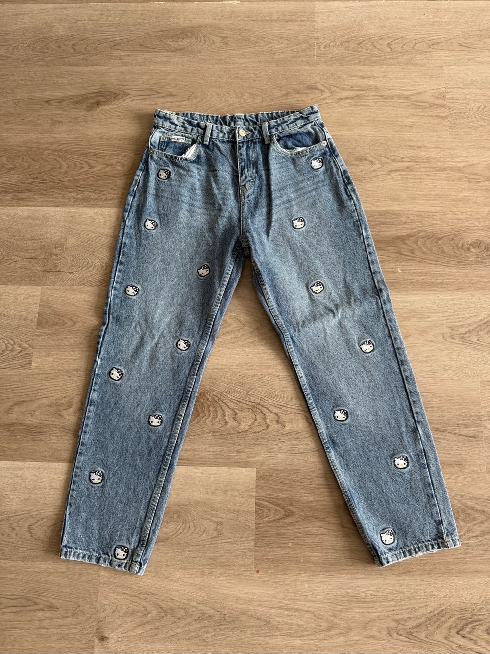 Hello Kitty Light Blue Embroidered Denim Boyfriend Jeans